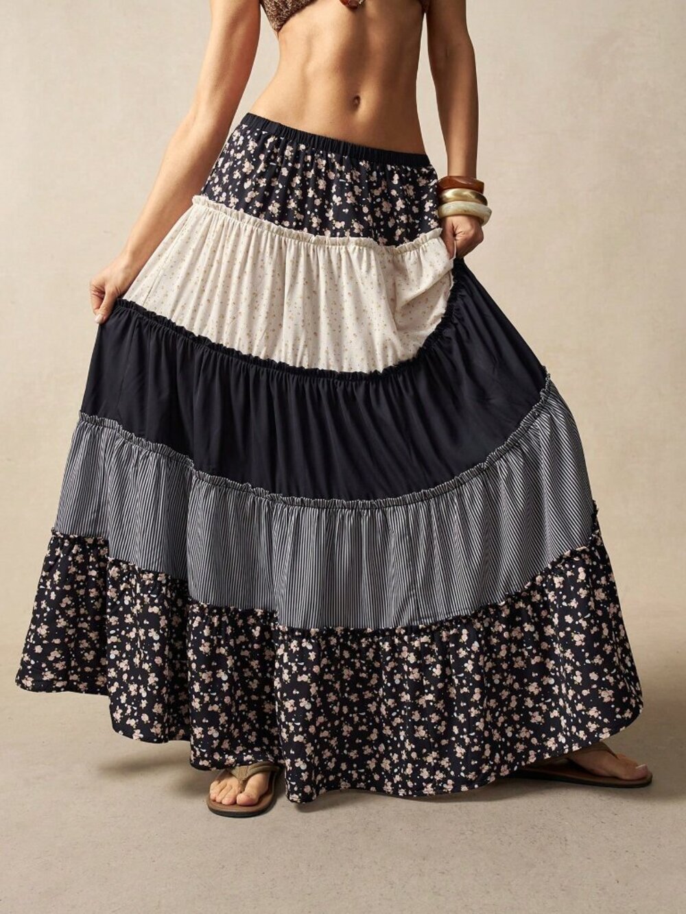 Black Boho Women's Casual Woven Loose Patchwork Skirt